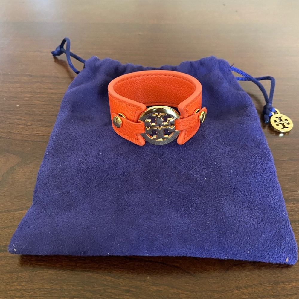 Tory Burch Orange Leather Gold Logo Bracelet